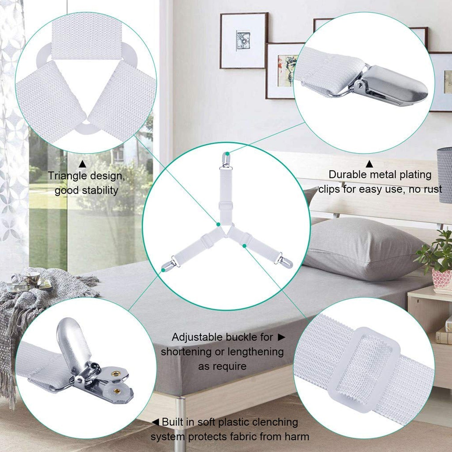 Adjustable Triangle Elastic Suspenders Gripper Holder Straps Clip For Bed Sheets (4 Pc) Adjustable Triangle Elastic Suspenders Gripper Holder Straps Clip For Bed Sheets (4 Pc)